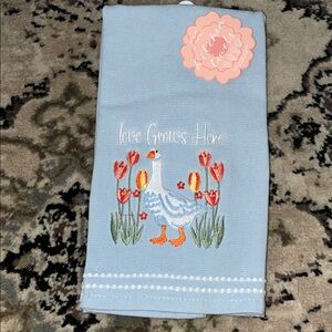 Blue Kitchen Towel with Embroidered Goose and Tulips set of 2 nwt
